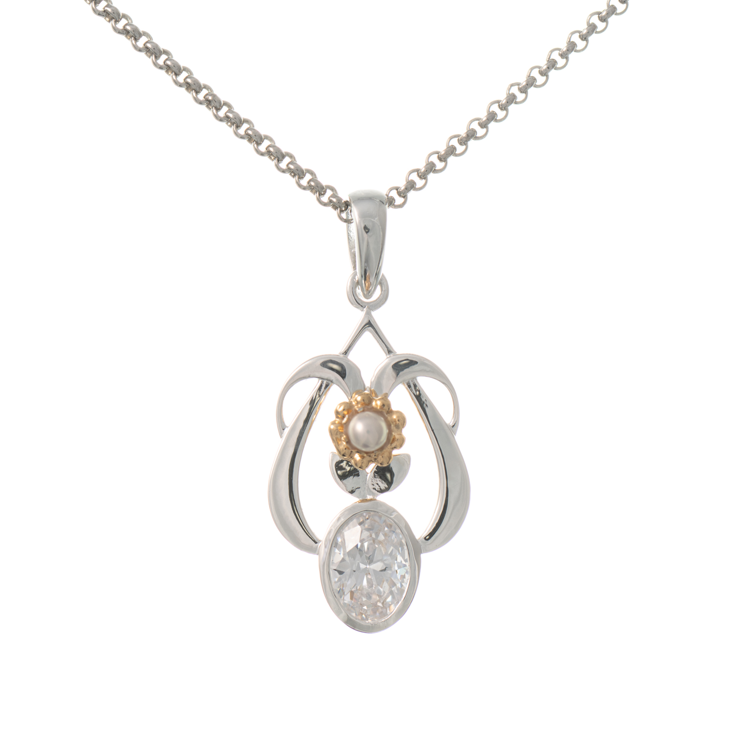 Anhänger mit Kette 925 Silber teilvergoldet Zirkonia weiss